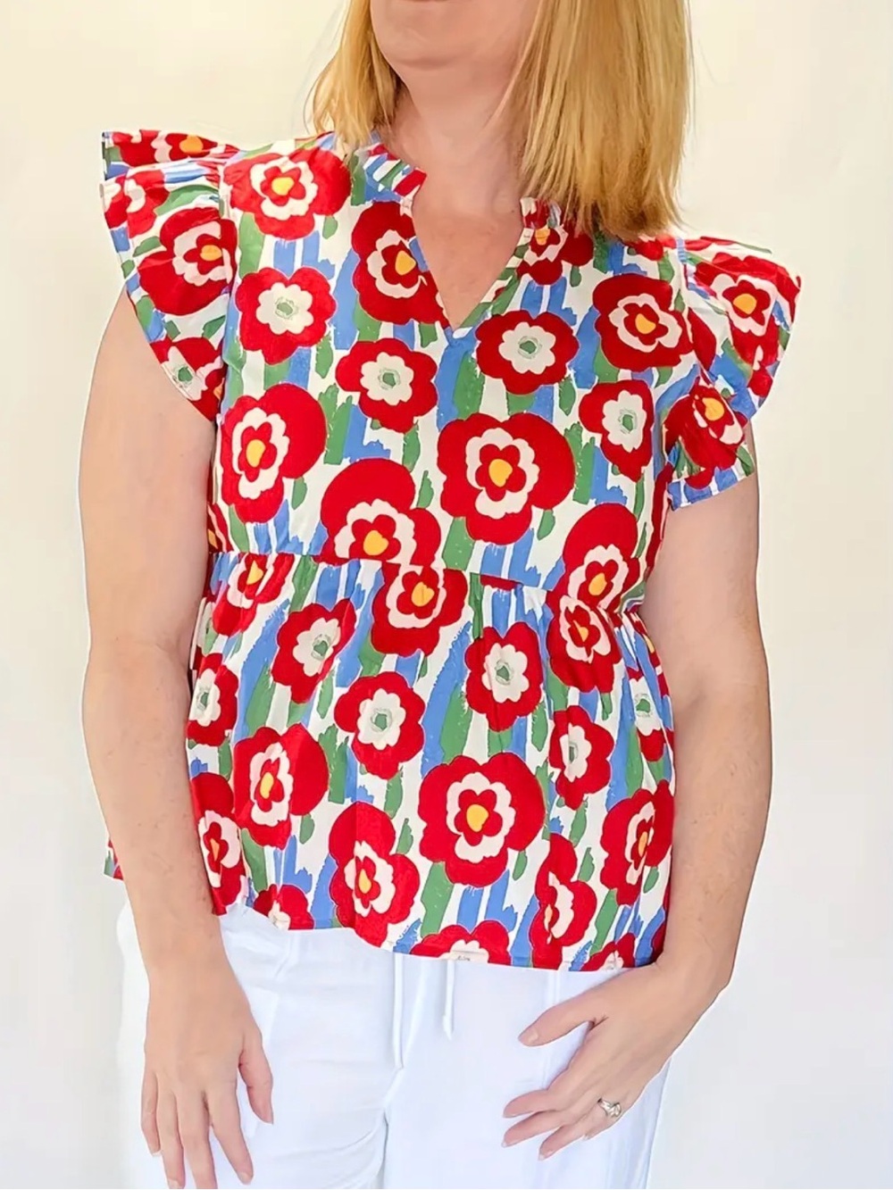 Red Floral Flutter-Sleeve Peplum Blouse SEE DESCRIPTION W
